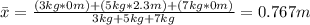 \bar x =\frac{(3kg*0m)+(5kg*2.3m)+(7kg*0m)}{3kg+5kg+7kg}=0.767m