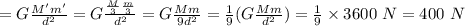 =G\frac{M'm'}{d^2}=G\frac{\frac{M}{3}\frac{m}{3}}{d^2}=G\frac{Mm}{9d^2}=\frac{1}{9}(G\frac{Mm}{d^2})=\frac{1}{9}\times3600\ N=400\ N