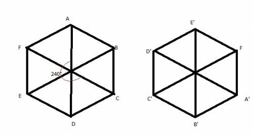 The regular hexagon abcdef rotates 240º counterclockwise about its center to form hexagon a′b′c′d′e′