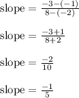\text{slope}=\frac{-3-(-1)}{8-(-2)}\\\\ \text{slope}=\frac{-3+1}{8+2}\\\\ \text{slope}=\frac{-2}{10}\\\\ \text{slope}=\frac{-1}{5}