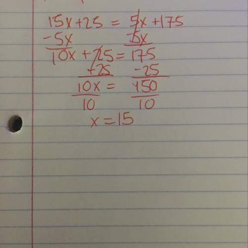 15x+25=5x+175. if i am trying to find the answer to this, wouldn't i just subtract 5x from both side
