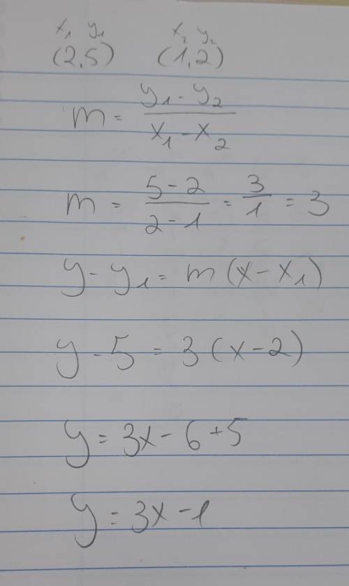 12. what is the equation of the line that passes through the points (2,5) and (1,2)? ay=3x 5y = 3x +