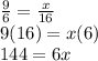 \frac{9}{6}=\frac{x}{16}\\9(16)=x(6)\\144=6x