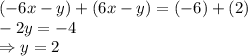 (-6x - y) + (6x -y) = (-6) + (2)\\-2y = -4\\\Rightarrow y = 2