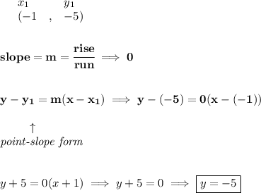 \bf \begin{array}{lllll}&#10;&x_1&y_1\\&#10;%   (a,b)&#10;&({{ -1}}\quad ,&{{ -5}})\quad &#10;\end{array}&#10;\\\\\\&#10;% slope  = m&#10;slope = {{ m}}= \cfrac{rise}{run} \implies 0&#10;\\\\\\&#10;% point-slope intercept&#10;y-{{ y_1}}={{ m}}(x-{{ x_1}})\implies y-(-5)=0(x-(-1))\\&#10;&#10;\left. \qquad   \right. \uparrow\\&#10;\textit{point-slope form}&#10;\\\\\\&#10;y+5=0(x+1)\implies y+5=0\implies \boxed{y=-5}