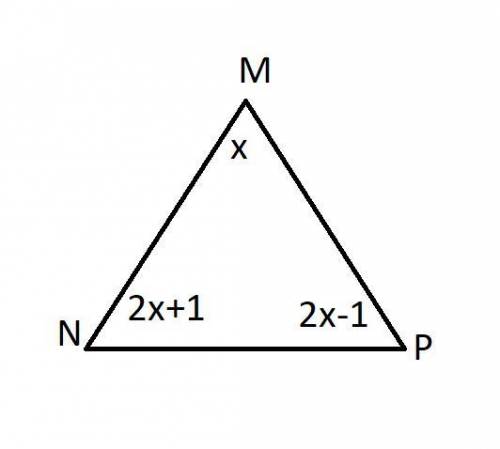 12. for triangle mnp shown, find the value of xand the measure of each of the three anglesm/(2x – 1)
