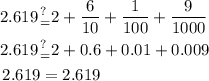 \begin{aligned}\hfill 2.619\mathop&^{?}_{=}2+\frac{6}{{10}}+\frac{1}{{100}}+\frac{9}{{1000}}\\\hfill2.619\mathop&^{?}_{=}2+0.6+0.01+0.009\\\hfill2.619&=2.619\\\end{aligned}