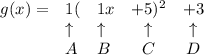 \bf \begin{array}{lllcclll}&#10;g(x)=&1(&1x&+5)^2&+3\\&#10;&\uparrow &\uparrow &\uparrow &\uparrow \\&#10;&A&B&C&D&#10;\end{array}