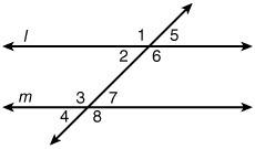 If l and m are parallel, which pairs of angles are supplementary?