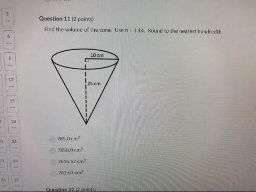 Find the volume of the cone. use u = 3.14. round to the nearest hundredth. 785.0 cm 7850.0 cm 2616.6