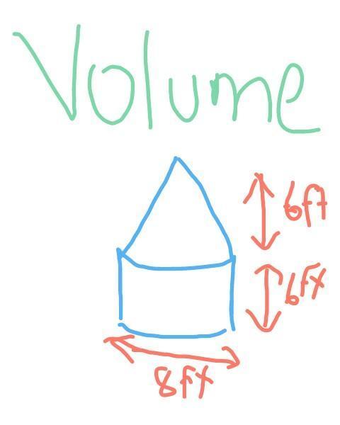 Ineed to find the volume of a nose cone. the cylinder has a height of 6ft and a diameter of 8ft. the