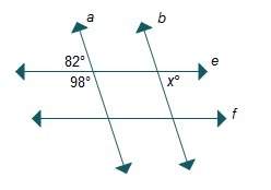 Lines a and b are parallel and lines e and f are parallel. what is the value of x? x =
