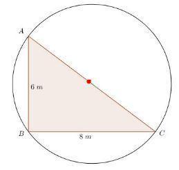 Circle m is circumscribed about right triangle abc with legs 6 meters and 8 meters. what is the exa