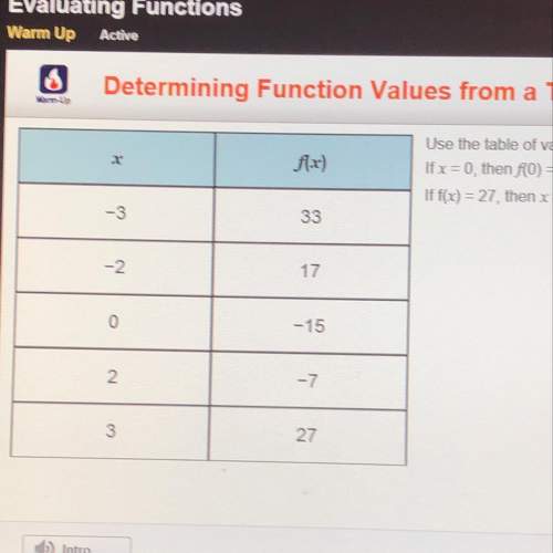 Use the table of values to find the function's values. if x=0, then f(0) = if f(x) = 27, then x =