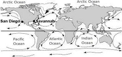Study the following ocean currents map. which statement is most likely correct about the average tem
