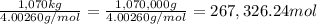 \frac{1,070 kg}{4.00260 g/mol}=\frac{1,070,000 g}{4.00260 g/mol}=267,326.24 mol