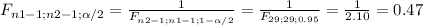 F_{n1-1;n2-1;\alpha /2} = \frac{1}{F_{n2-1;n1-1;1-\alpha /2} } = \frac{1}{F_{29;29;0.95} } = \frac{1}{2.10} } =0.47