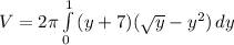V = 2 \pi  \int\limits^1_0 {(y+7)(\sqrt{y} -y^2)} \, dy