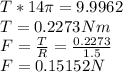 T*14\pi  =9.9962\\T= 0.2273 Nm\\F=\frac{T}{R} =\frac{0.2273}{1.5} \\F=0.15152N
