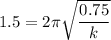 1.5=2\pi \sqrt{\dfrac{0.75}{k}}