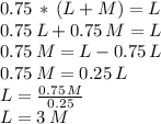 0.75 \,*\,(L+M)=L\\0.75\,L+0.75\,M=L\\0.75\,M=L-0.75\,L\\0.75\,M=0.25\,L\\L=\frac{ 0.75\,M}{0.25}\\L=3\,M