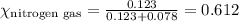 \chi_{\text{nitrogen gas}}=\frac{0.123}{0.123+0.078}=0.612