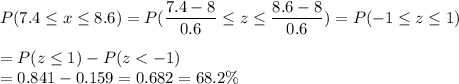 P(7.4 \leq x \leq 8.6) = P(\displaystyle\frac{7.4 - 8}{0.6} \leq z \leq \displaystyle\frac{8.6-8}{0.6}) = P(-1 \leq z \leq 1)\\\\= P(z \leq 1) - P(z < -1)\\= 0.841 - 0.159 = 0.682 = 68.2\%