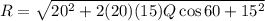R=\sqrt{20^{2}+2 (20)(15) Q \cos 60+15^{2}}