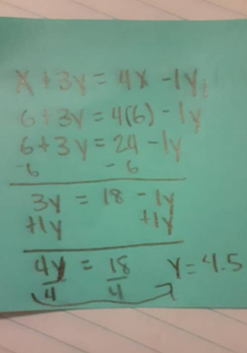 What does x+3y=4x-1y equal if x is 6