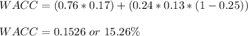 WACC= (0.76*0.17) + (0.24*0.13*(1-0.25))\\\\WACC=0.1526 \ or\ 15.26\%