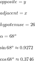 opposite=y\\\\adjacent=x\\\\hypotenuse=26\\\\\alpha=68^o\\\\\sin68^o\approx0.9272\\\\\cos68^o\approx0.3746