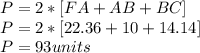 P=2*[FA+AB+BC] \\ P=2*[22.36+10+14.14] \\ P=93 units