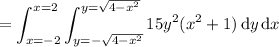 =\displaystyle\int_{x=-2}^{x=2}\int_{y=-\sqrt{4-x^2}}^{y=\sqrt{4-x^2}}15y^2(x^2+1)\,\mathrm dy\,\mathrm dx