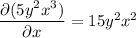 \dfrac{\partial(5y^2x^3)}{\partial x}=15y^2x^2
