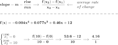\bf slope = {{ m}}= \cfrac{rise}{run} \implies &#10;\cfrac{{{ f(x_2)}}-{{ f(x_1)}}}{{{ x_2}}-{{ x_1}}}\impliedby &#10;\begin{array}{llll}&#10;average\ rate\\&#10;of\ change&#10;\end{array}\\\\&#10;-------------------------------\\\\&#10;f(x)=-0.004x^4+0.077x^3+0.46x+12&#10;\\\\\\&#10;\begin{cases}&#10;\stackrel{1990}{x_1}=0\\&#10;\stackrel{2000}{x_2}=10&#10;\end{cases}\implies \cfrac{f(10)-f(0)}{10-0}\implies \cfrac{53.6-12}{10}\implies  \cfrac{4.16}{1}