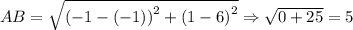 AB=\sqrt{\left(-1-\left(-1\right)\right)^2+\left(1-6\right)^2}\Rightarrow \sqrt{0+25}=5