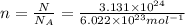 n=\frac{N}{N_A}=\frac{3.131\times 10^{24}}{6.022\times 10^{23} mol^{-1}}