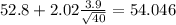 52.8+2.02\frac{3.9}{\sqrt{40}}=54.046