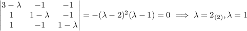 \begin{vmatrix}3-\lambda&-1&-1\\1&1-\lambda&-1\\1&-1&1-\lambda\end{vmatrix}=-(\lambda-2)^2(\lambda-1)=0\implies\lambda=2_{(2)},\lambda=1