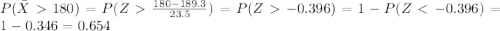 P(\bar X180)=P(Z\frac{180-189.3}{23.5})=P(Z-0.396)=1-P(Z