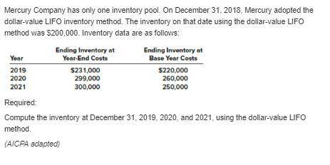 Mercury company has only one inventory pool. on december 31, 2021, mercury adopted the dollar-value