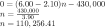 0= (6.00-2.10)n -430,000\\n=\frac{430,000}{3.90} \\n=110,256.41