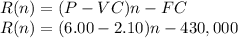 R(n)= (P-VC)n -FC\\R(n)= (6.00-2.10)n -430,000