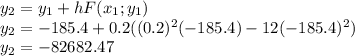 y_{2} =y_{1} +hF(x_{1};y_{1})  \\y_{2} = -185.4+0.2((0.2)^{2} (-185.4)-12(-185.4)^{2} )\\y_{2}=-82682.47