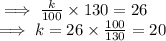 \implies \frac{k}{100}  \times 130 =  26\\\implies k = 26 \times \frac{100}{130} = 20