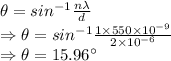 \theta=sin^{-1}\frac{n\lambda}{d}\\\Rightarrow \theta=sin^{-1}\frac{1\times 550\times 10^{-9}}{2\times 10^{-6}}\\\Rightarrow \theta=15.96^{\circ}