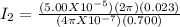 I_{2}=\frac{(5.00X10^{-5})(2\pi )(0.023)}{(4\pi X10^{-7})(0.700) }