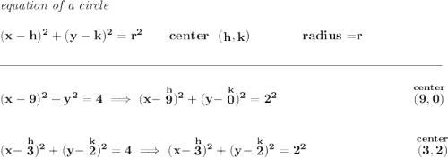 \bf \textit{equation of a circle}\\\\ (x- h)^2+(y- k)^2= r^2 \qquad center~~(\stackrel{}{ h},\stackrel{}{ k})\qquad \qquad radius=\stackrel{}{ r} \\\\[-0.35em] \rule{34em}{0.25pt}\\\\ (x-9)^2+y^2=4\implies (x-\stackrel{h}{9})^2+(y-\stackrel{k}{0})^2=2^2~\hfill \stackrel{center}{(9,0)} \\\\\\ (x-\stackrel{h}{3})^2+(y-\stackrel{k}{2})^2=4\implies (x-\stackrel{h}{3})^2+(y-\stackrel{k}{2})^2=2^2~\hfill \stackrel{center}{(3,2)}