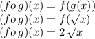 (fo\,g)(x)=f(g(x)) \\(fo\,g)(x)=f(\sqrt{x} )\\(fo\,g)(x)=2\,\sqrt{x}