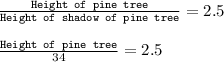 \frac{\texttt{Height of pine tree}}{\texttt{Height of shadow of pine tree}}=2.5\\\\\frac{\texttt{Height of pine tree}}{34}=2.5